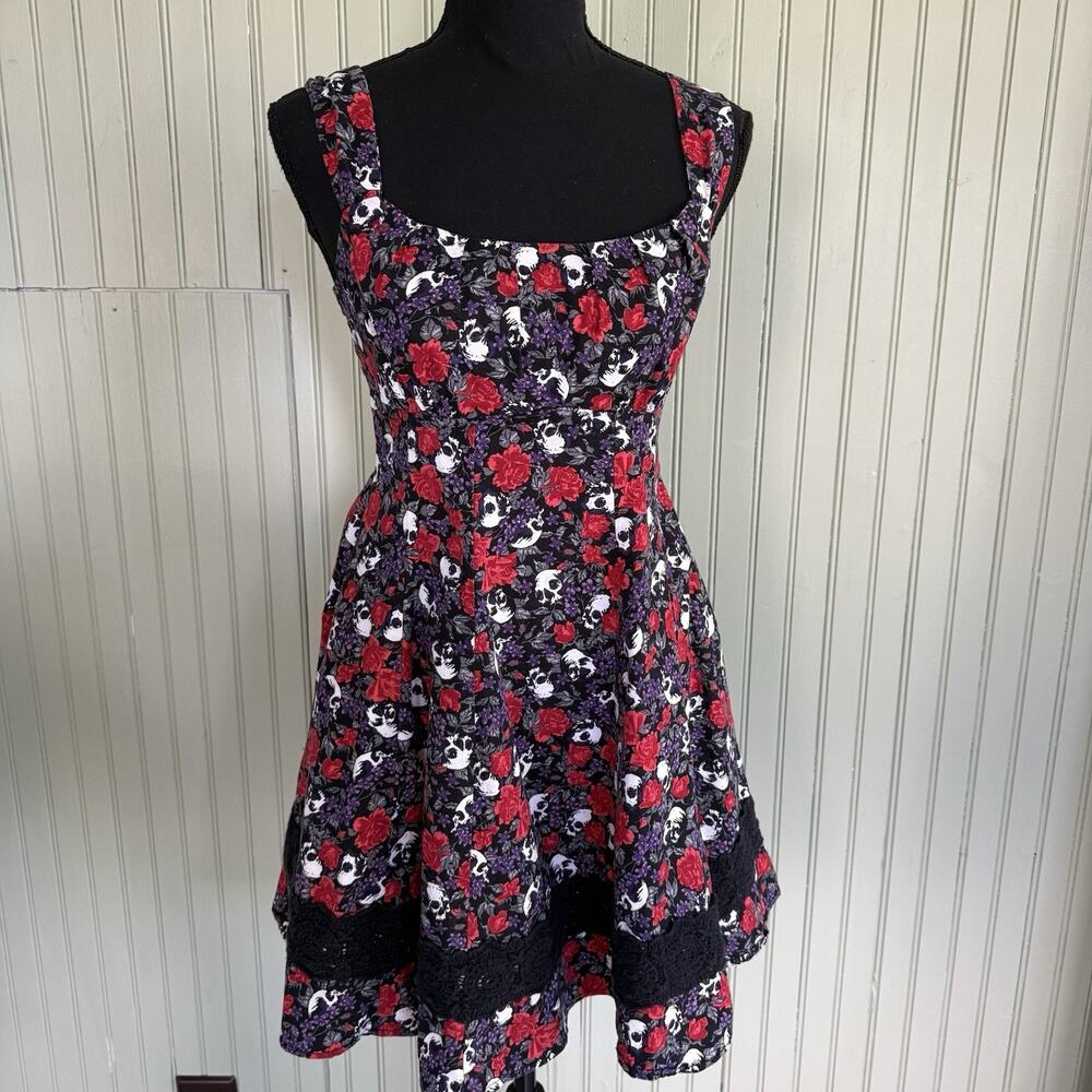 Hot Topic Dress Women Medium Purple Red Skull Floral Lace Rockabilly Skater Goth